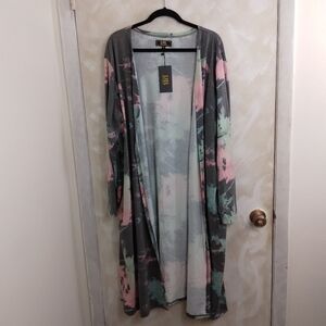 NWT 2X Lucky & Blessed Tie Dye Duster T-Shirt weight POCKETS Grey Green Pink